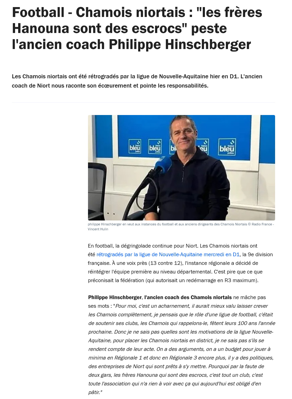 Chamois niortais les frères Hanouna sont des escrocs peste l'ancien coach Philippe Hinschberger - France Bleu.jpg