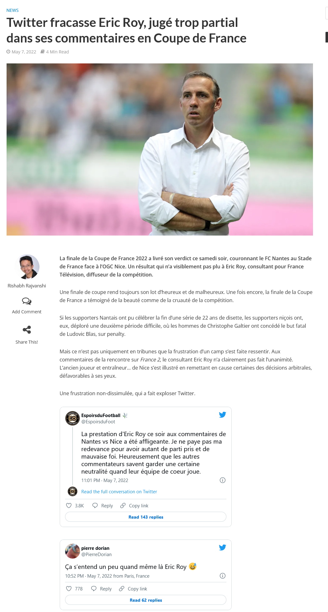 Eric Roy, jugé trop partial dans ses commentaires en Coupe de France.jpg