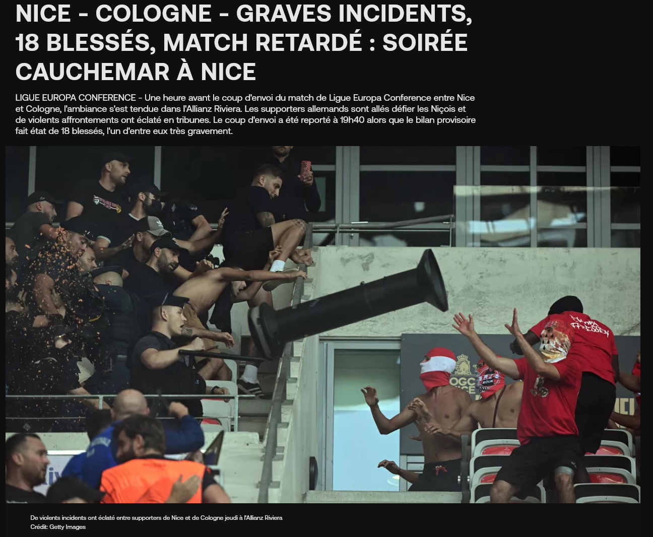 Nice - Cologne - Graves incidents 18 blessés match retardé soirée cauchemar à Nice.jpg